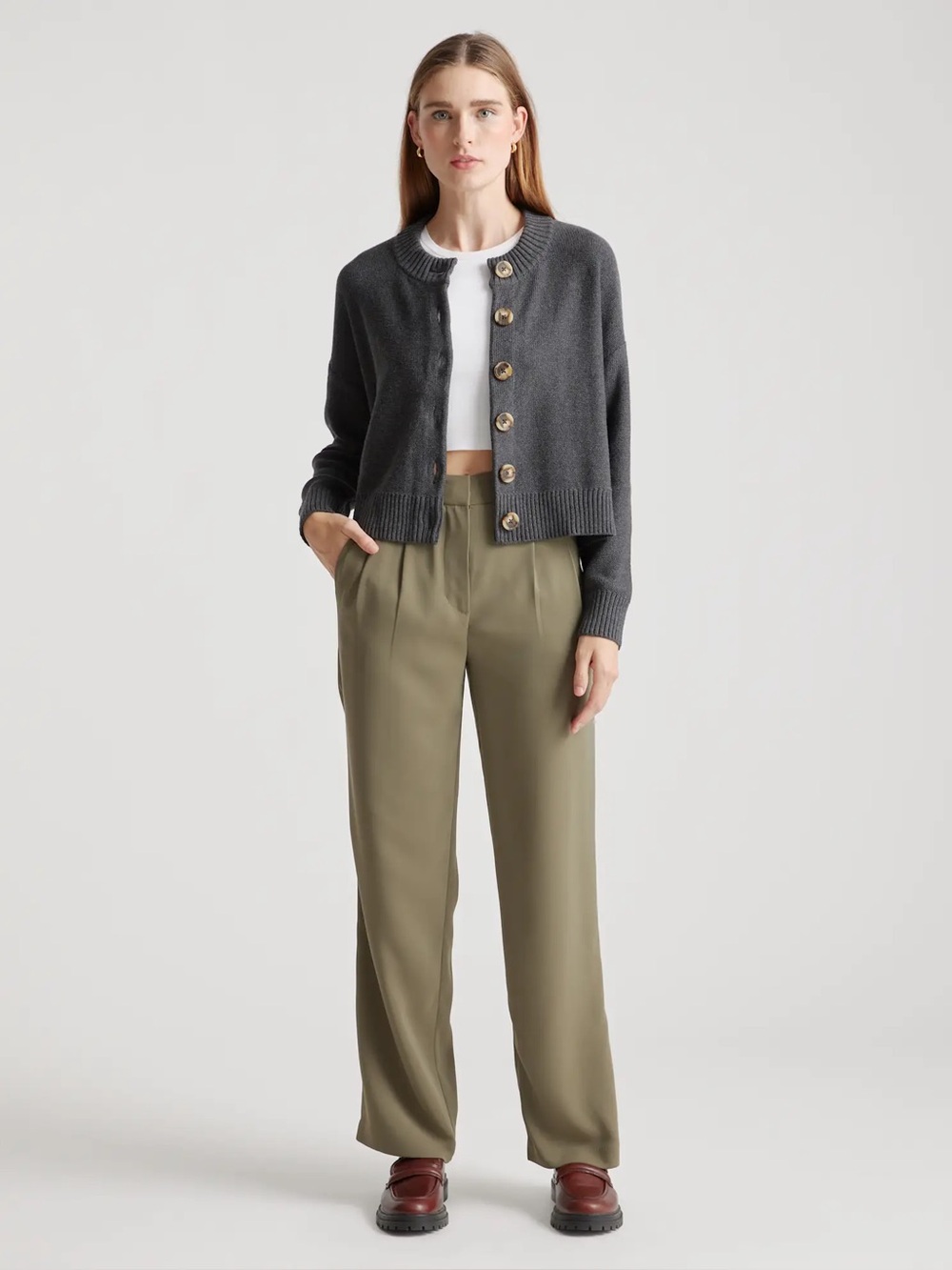 Quince Dark Charcoal Gray Cotton Cropped Cardigan, Size Small